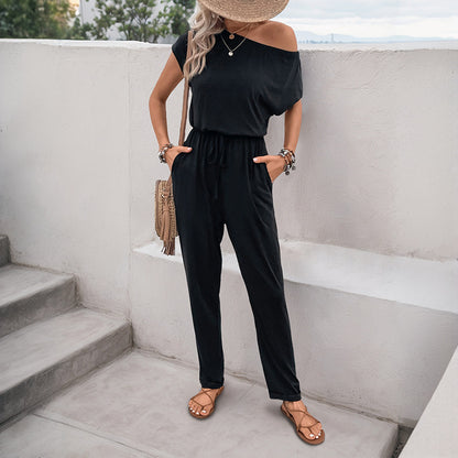 Relaxed Fit Jumpsuit with Off-Shoulder and Drawstring Waist