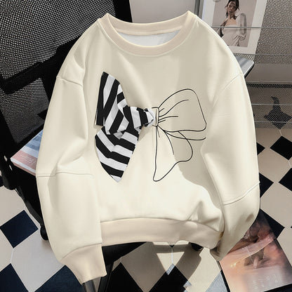 Loose Fit Bow Print Sweatshirt with 3D Striped Bow Detail