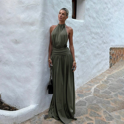 Backless Halter Neck Long Dress Solid Color High-Waisted Design