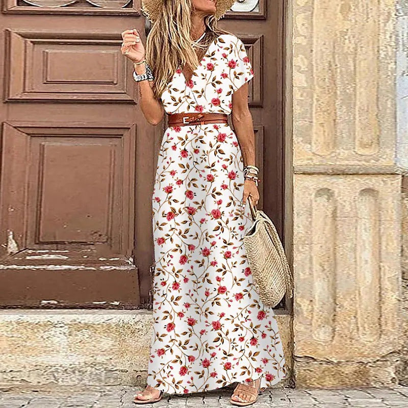 Floral Print Maxi Dress with V-Neck and Belt