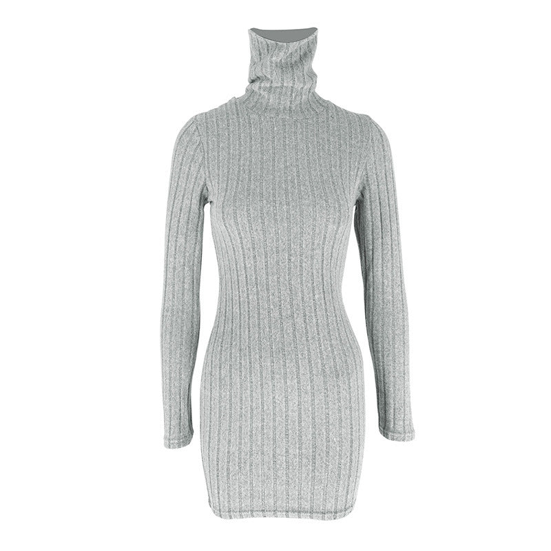 Ribbed Bodycon Mini Dress with High Neck and Long Sleeves