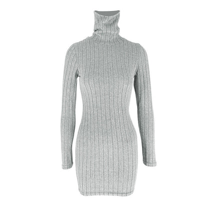 Ribbed Bodycon Mini Dress with High Neck and Long Sleeves