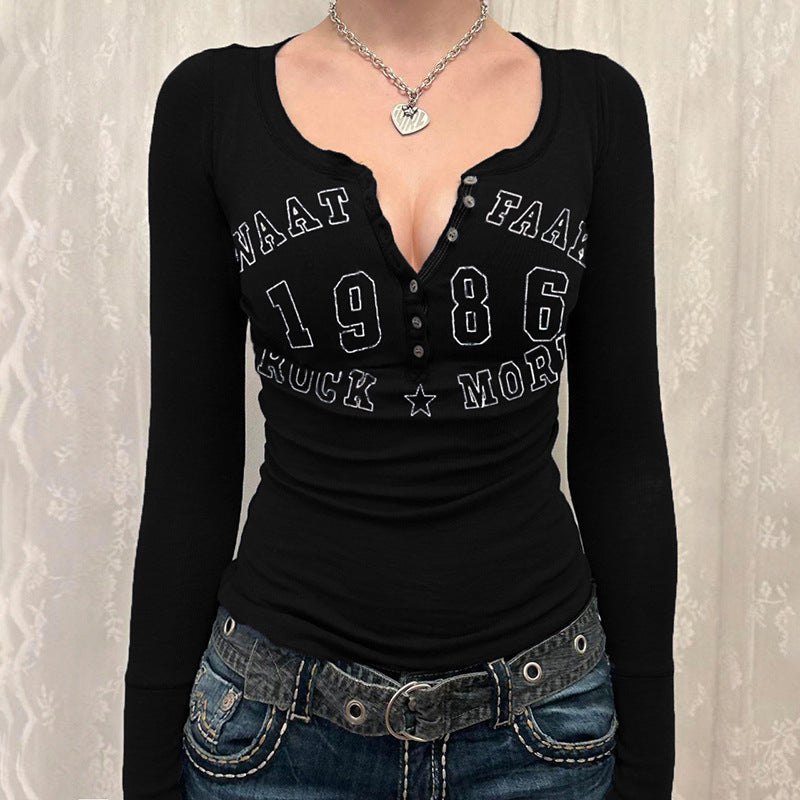 Graphic Print Slim Fit Henley Top with Long Sleeves