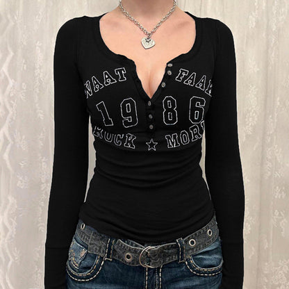 Graphic Print Slim Fit Henley Top with Long Sleeves