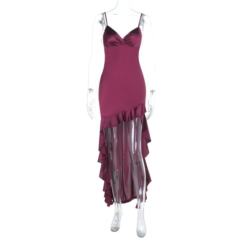 Mid-Length Satin Strap Evening Dress With Deep V Neck Solid Color
