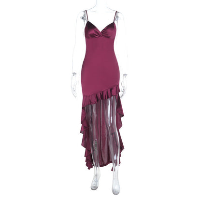 Mid-Length Satin Strap Evening Dress With Deep V Neck Solid Color