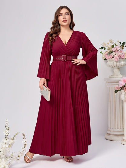 Solid Pleated Maxi Dress with V-Neck and Belt