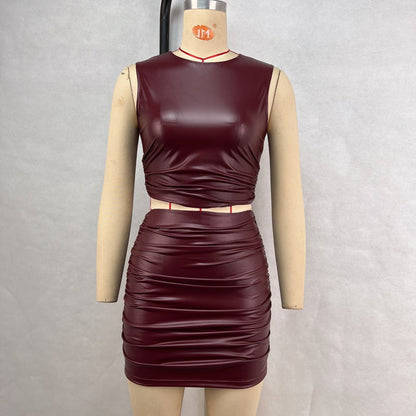 Ruched PU Leather Two-Piece Skirt Set with Sleeveless Top