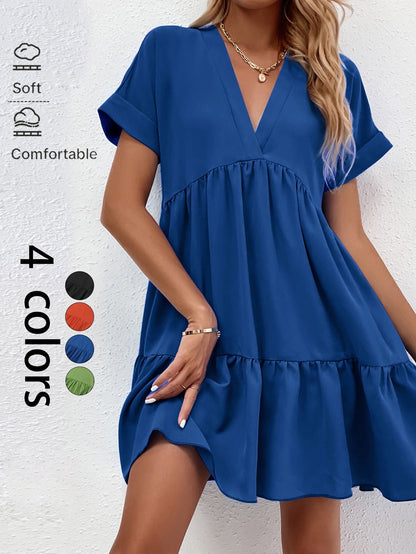 Tiered Babydoll Mini Dress with V-Neck and Short Sleeves