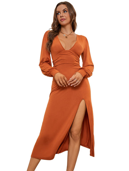 Solid V-Neck Midi Dress with Ruched Waist and High Slit