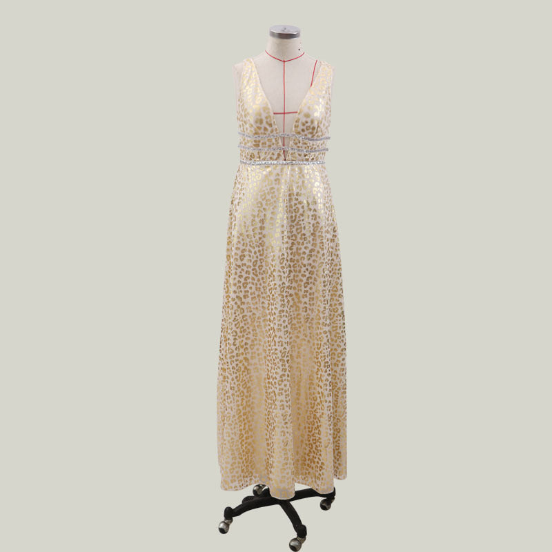 Gold Glitter A-Line Gown with Deep V-Neck
