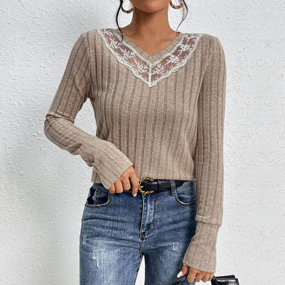 Ribbed Knit Top with Lace V-Neck and Button Cuffs
