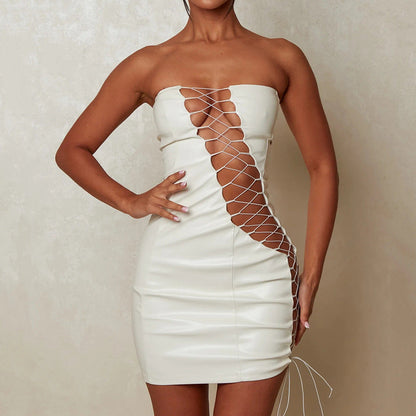 Bodycon PU Mini Dress with Strapless Neckline and Lace-Up Detail