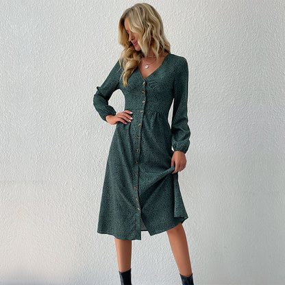 Leopard Print Midi Dress with V-Neck and Button Front