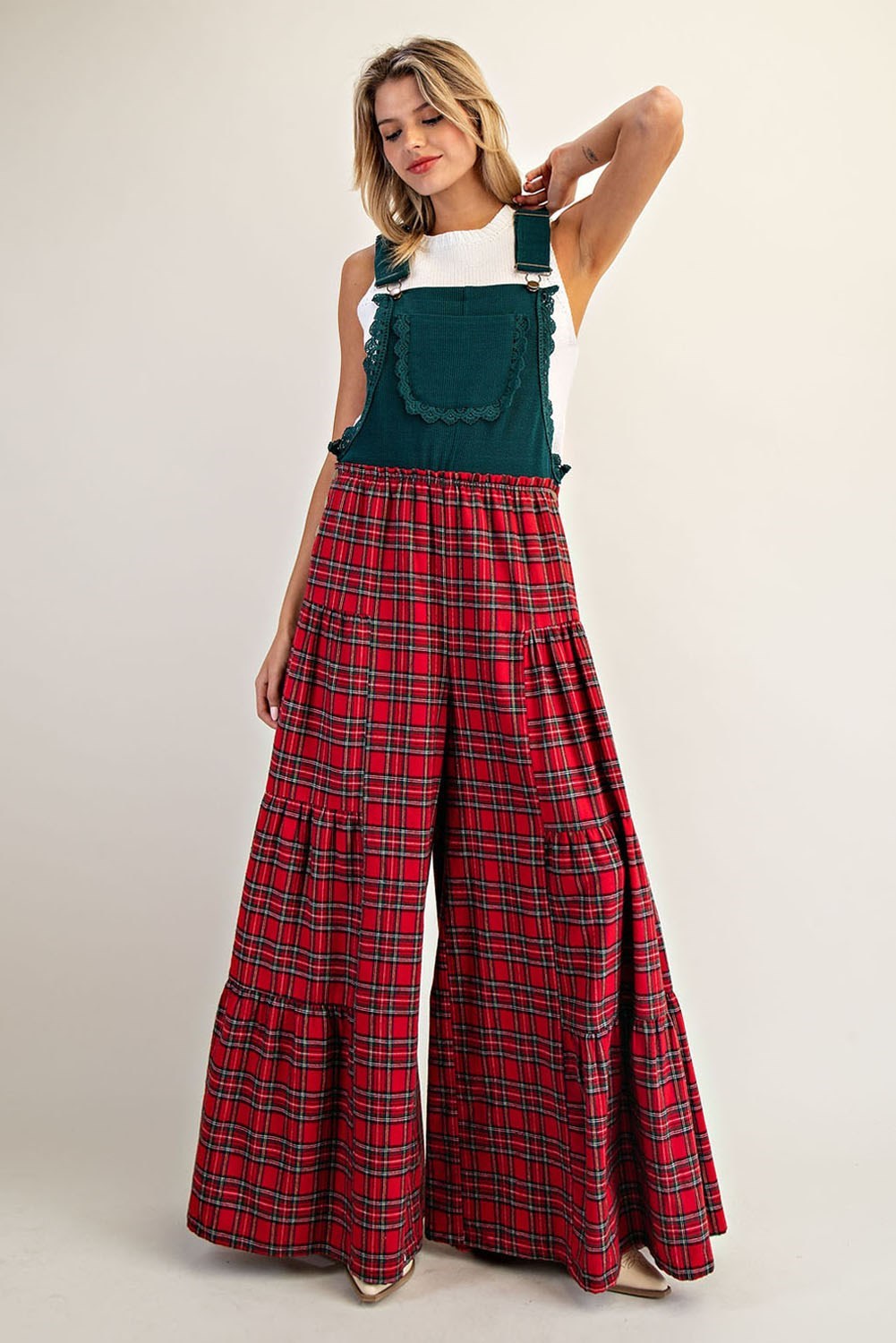 Tiered Wide-Leg Plaid Overalls with Scalloped Trim
