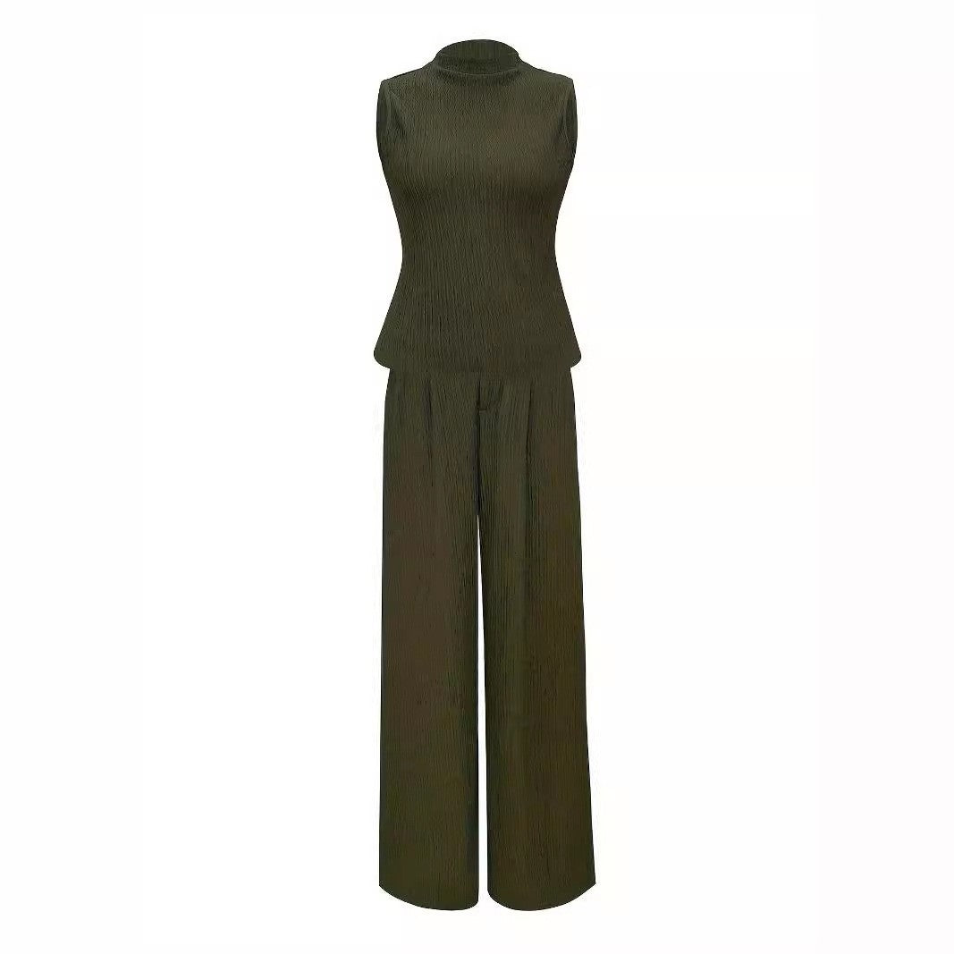 Jacquard Knit Mock Neck Sleeveless Top & Wide-Leg Trousers Set