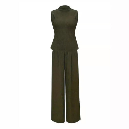 Jacquard Knit Mock Neck Sleeveless Top & Wide-Leg Trousers Set