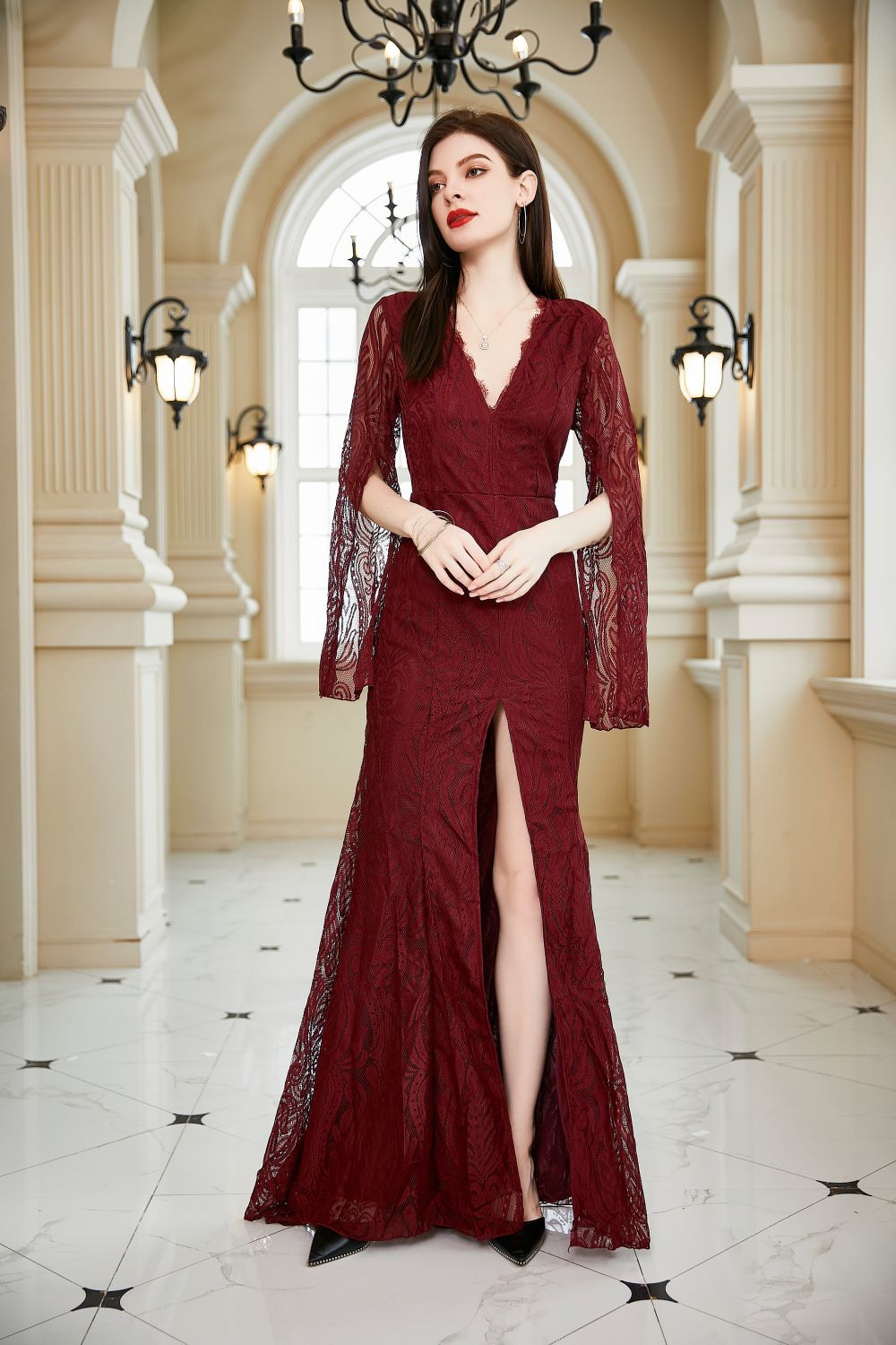 Lace Maxi Dress with Deep V-Neck and Bell Sleeves
