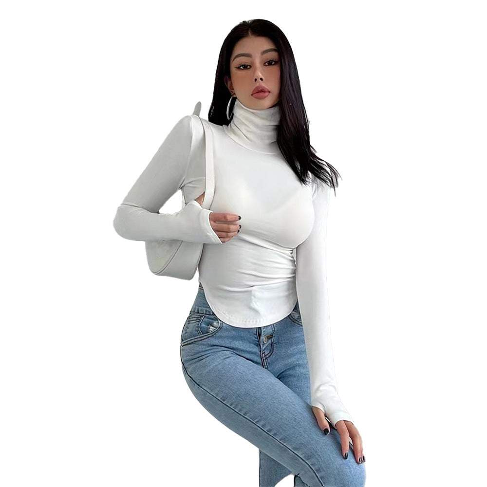 Slim Fit Turtleneck Top with Thumbhole Cuffs and Curved Hem