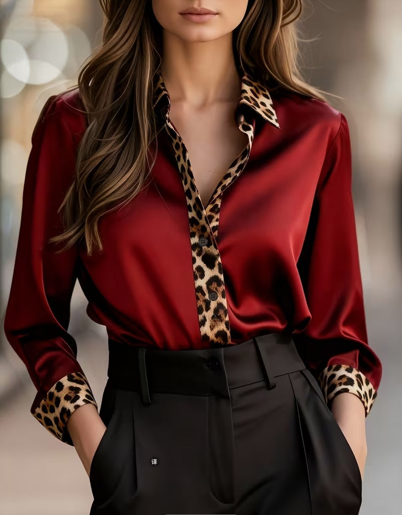 Satin Button-Down Blouse with Leopard Print Trim
