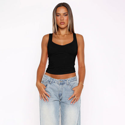Slim Fit Scoop Neck Crop Top with Underbust Seaming
