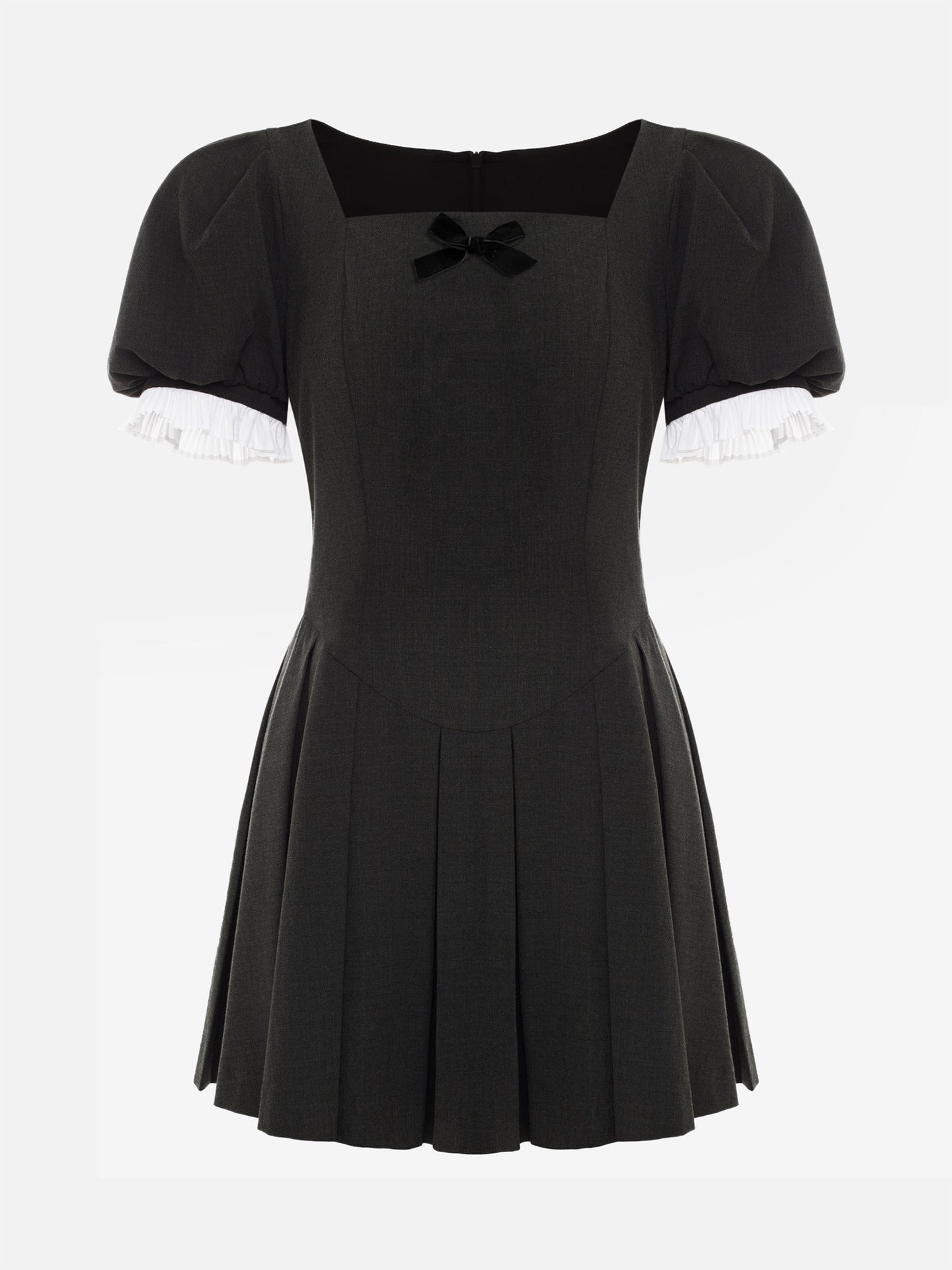 Pleated Mini Dress with Square Neck and Puff Sleeves