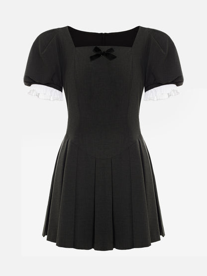 Pleated Mini Dress with Square Neck and Puff Sleeves