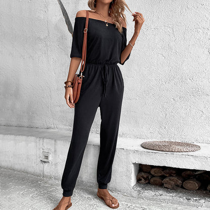Relaxed Off-Shoulder Jumpsuit with Drawstring Jogger Pants