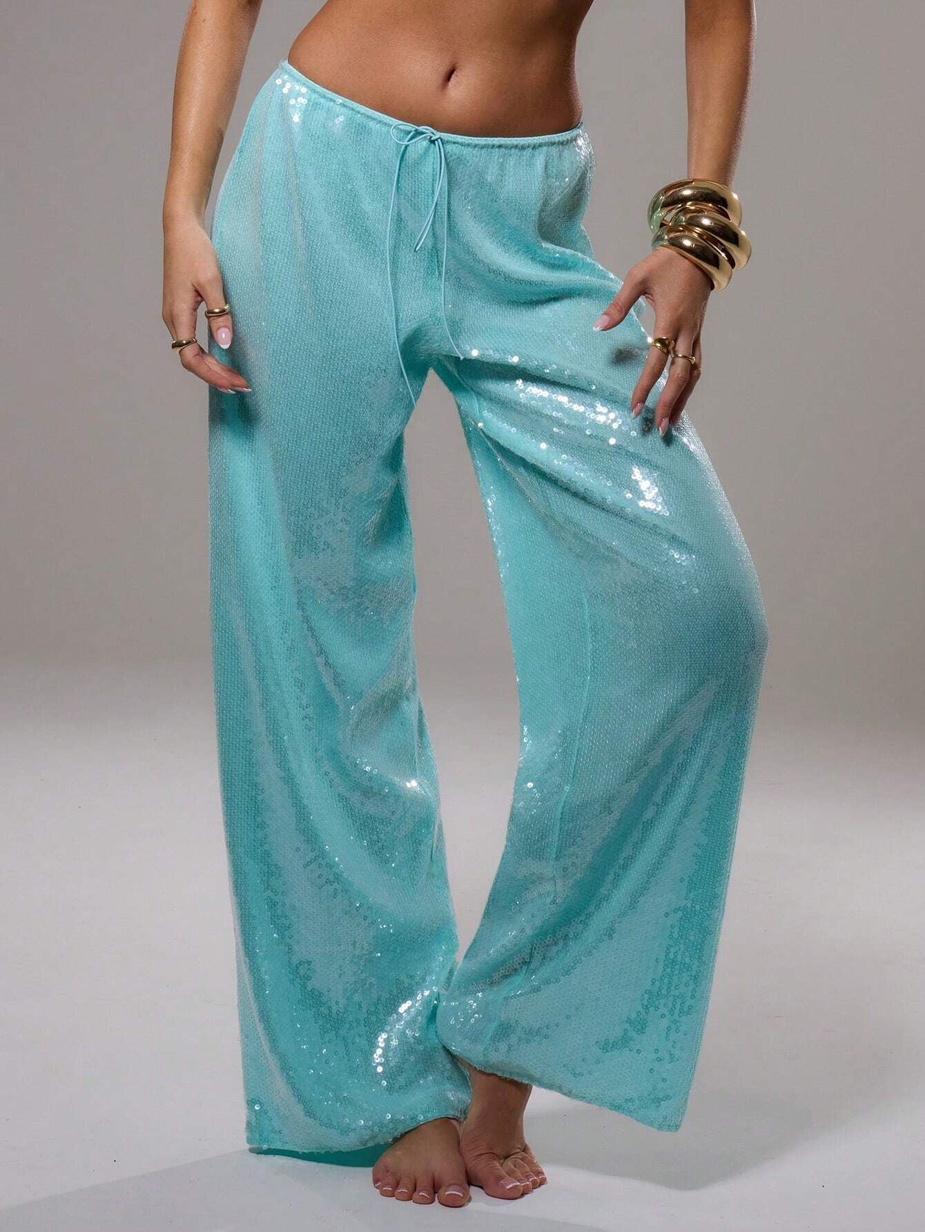 Wide-Leg Sequined Trousers with High Waist and Drawstring