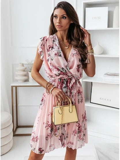 Floral Wrap Midi Dress with Pleated Skirt and Ruffle Sleeves