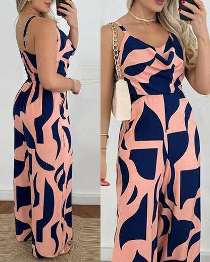 Floral Print Wide-Leg Jumpsuit with Cowl Neck