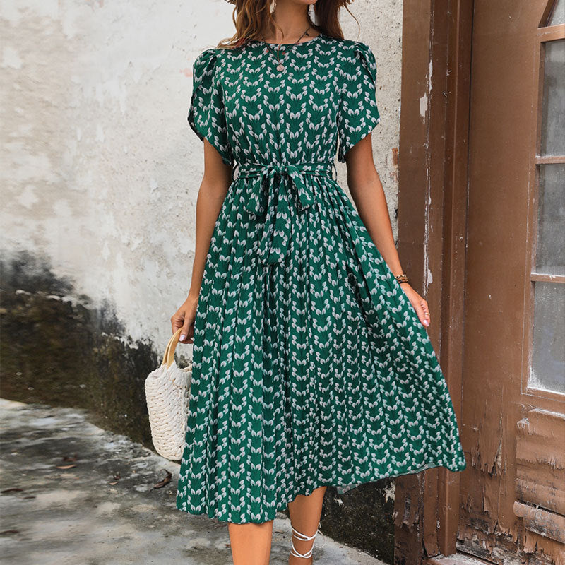 A-Line Floral Print Midi Dress with Pleated Skirt and Tie-Waist