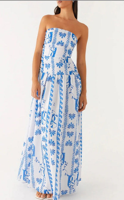 Strapless Ruched Maxi Dress with Dropped Waist