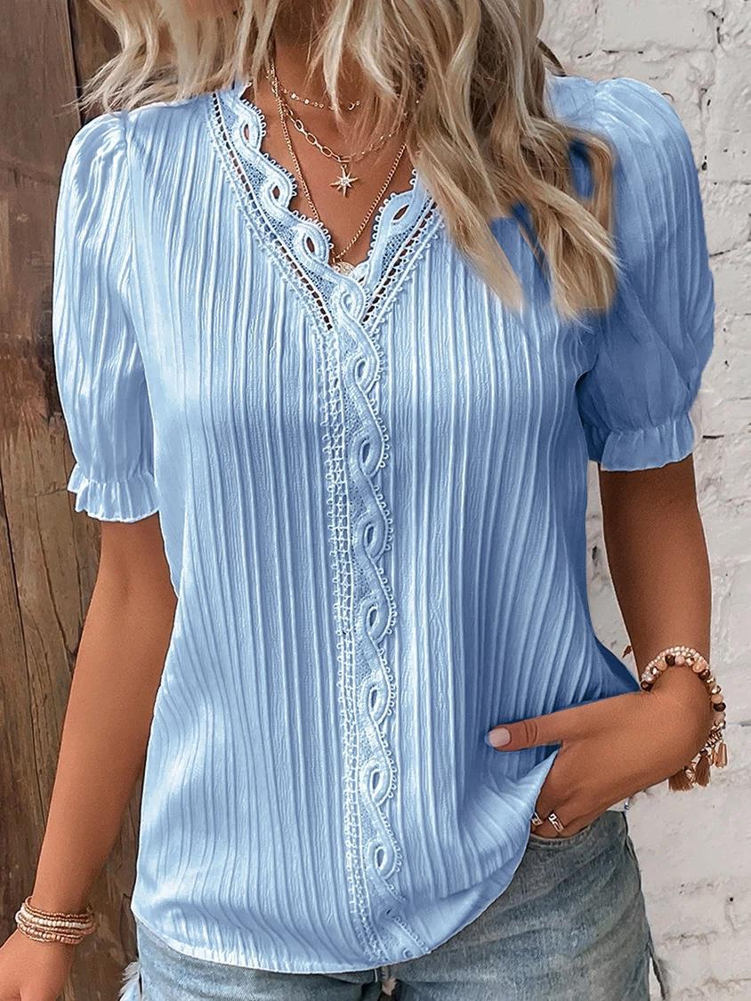 Pleated Short-Sleeve Blouse with Lace V-Neck
