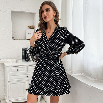 Polka Dot A-Line Mini Dress with V-Neck and Long Sleeves