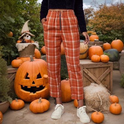 Plaid Straight-Leg Cropped Pants with High Elastic Waist