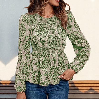 Long-Sleeve Damask Print Blouse with Smocked Peplum