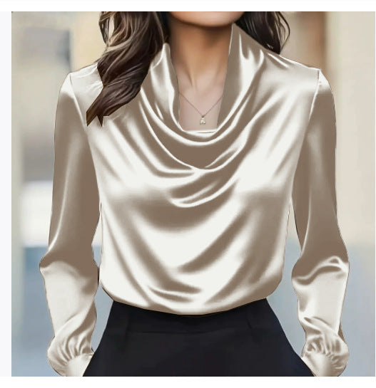 Solid Swing Collar Blouse with Long Sleeves and Satin Finish