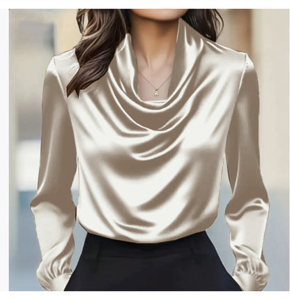 Solid Swing Collar Blouse with Long Sleeves and Satin Finish