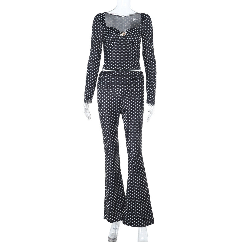 Solid Color Long Sleeve Slim-Fit Top Pants Set Black