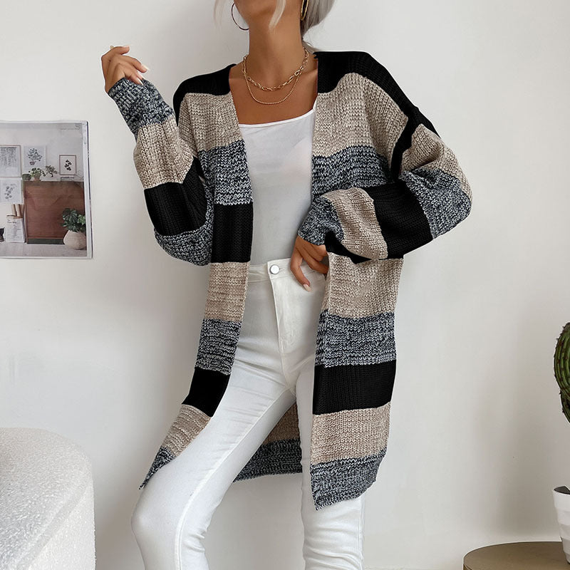 Striped Open Front Cardigan with Long Length