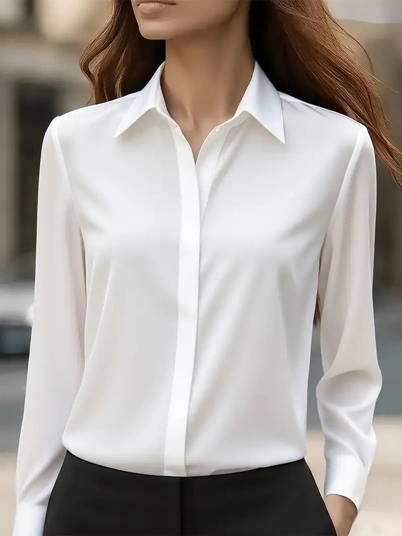 Classic Fit Solid Long-Sleeve Blouse in Silky Polyester