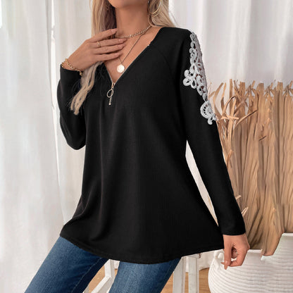 Solid Waffle Tunic Top with Zipper V-Neck and Embroidered Raglan Sleeves