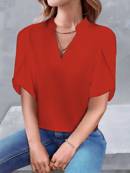 Solid Color V-Neck Blouse with Petal Sleeves