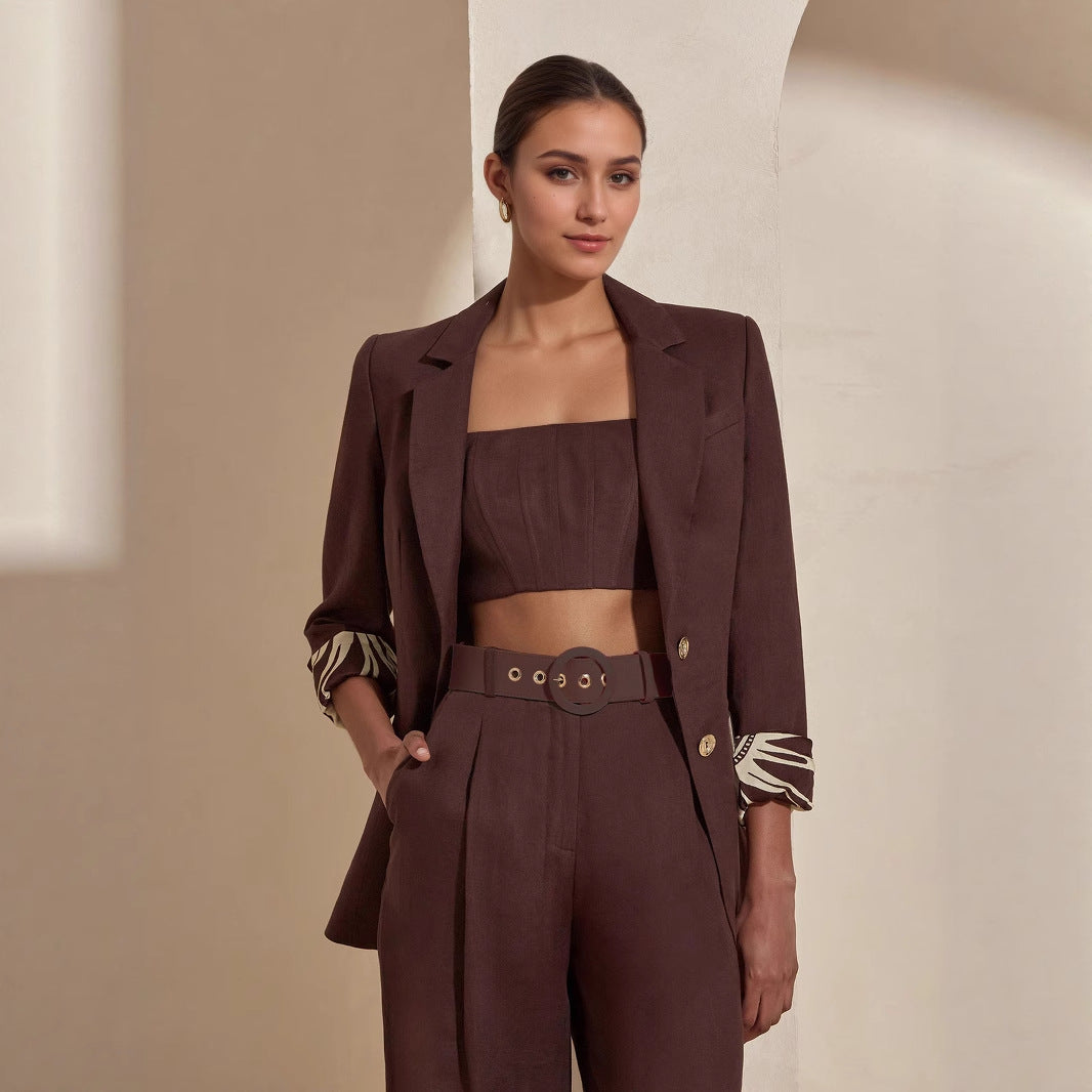 Dark Brown Three-Piece Set with Buckle Belt & Zebra Cuffs