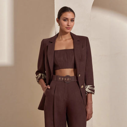 Dark Brown Three-Piece Set with Buckle Belt & Zebra Cuffs