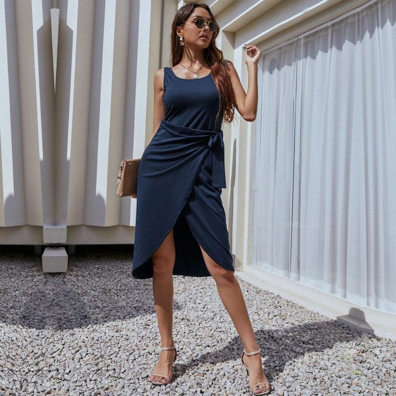 Sleeveless Midi Dress with Side Tie and Asymmetrical Hem