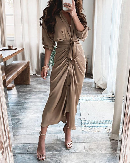 Printed Wrap Midi Dress with Button Front and Tie Waist