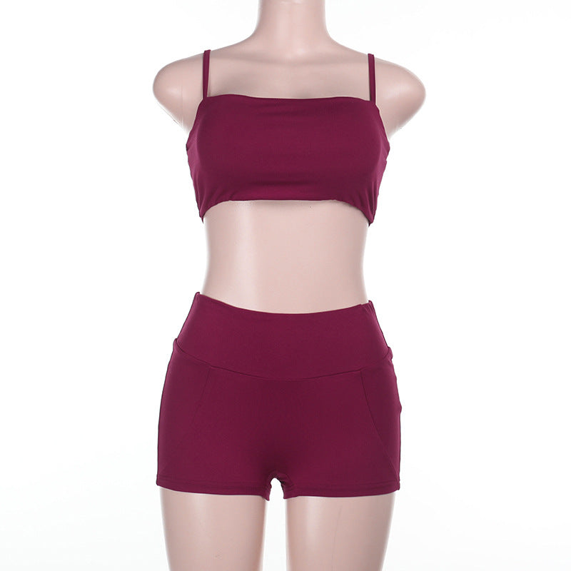 Solid Color Two-Piece Set with Camisole and High-Waist Shorts