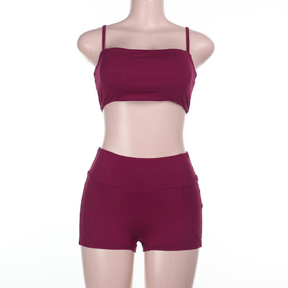 Solid Color Two-Piece Set with Camisole and High-Waist Shorts